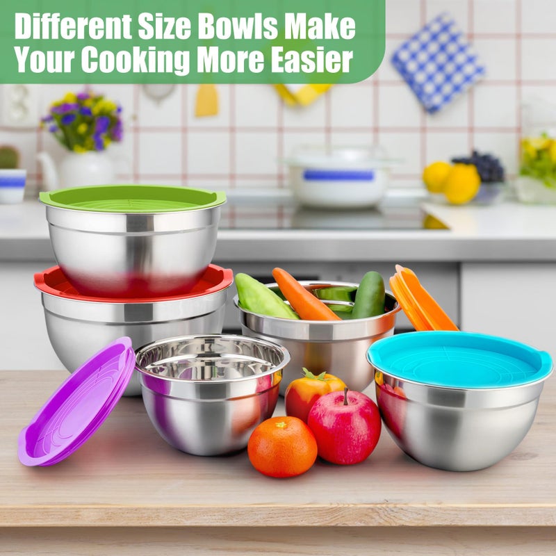 P&P CHEF Mixing Bowls with Airtight Lids Set of 5, 10-Piece Stainless Steel Mixing Nesting Bowl, Metal Bowl with Lid for Kitchen Prepping & Storing, Size 4.6, 3, 1.5, 1, 0.7 QT, Multicolor - Image 2